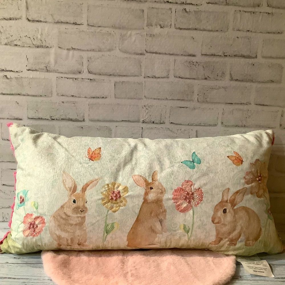 Bunny Boulevard Printed & Beaded 3 Bunny Flower Pillow